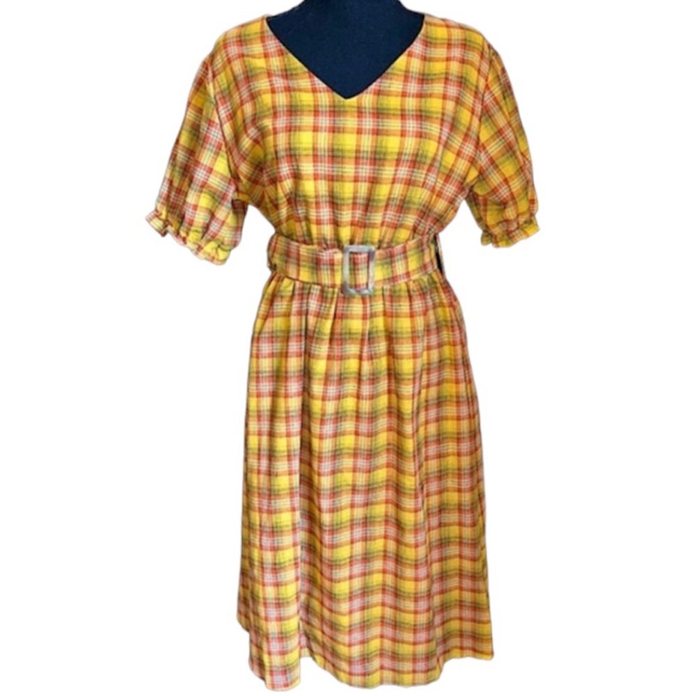 New Ces Femme Belted Dress Midi Below Knee V Neck A Line Yellow Plaid Med NWOT